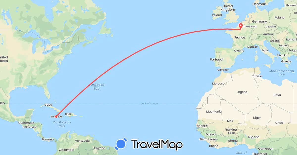TravelMap itinerary: driving, hiking in France, Jamaica (Europe, North America)